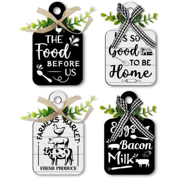4pcs Farm Animal Eat Sign Kitchen Wall Decor Black and White Rustic Wooden Wall Vintage Home Decor 15x9cm/5.9x3.5inches