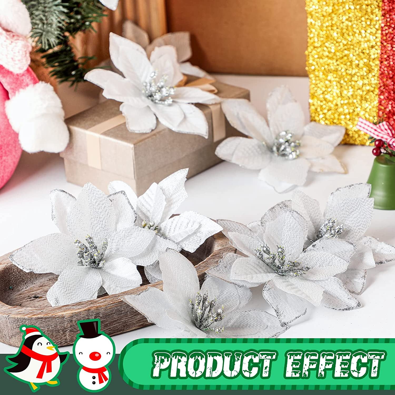 6PCS Glitter Christmas Artificial Flowers Christmas Poinsettia Decor Christmas Tree Wreaths Ornaments for Christmas Home Wedding Party