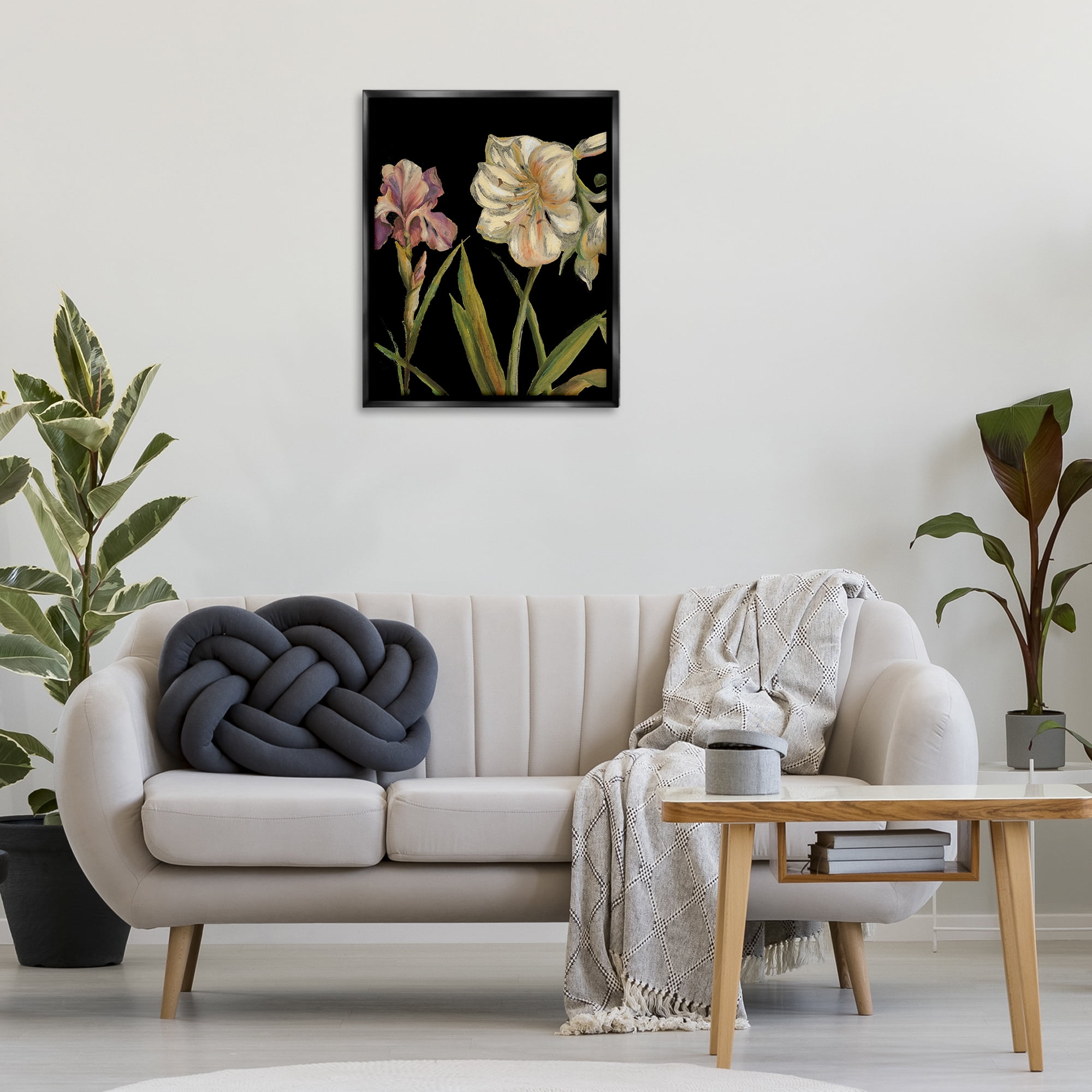 Stupell Industries Iris Flowers on Black Botanical & Floral Painting Black Floater Framed Canvas Art Print Wall Art, 25 x 31