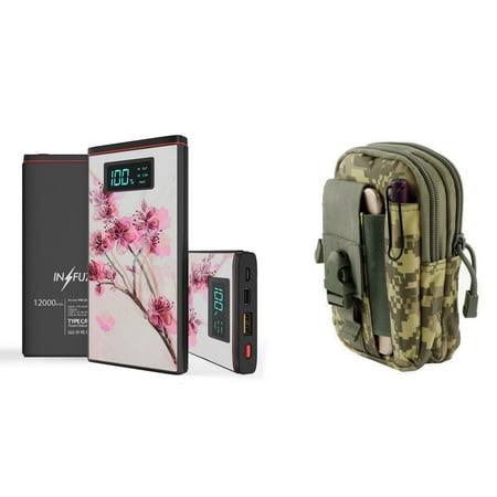 Cherry Mobile Organizer INFUZE Slim Pocket 12000mAh Portable Charger Dual (USB-A, USB-C) 18W QC 3.0 Power Bank (Cherry Blossom), Tactical Organizer Pouch (ACU Pixel Camo) for Apple iPhone XR, XS, XS Max, 8 Plus, 8, 7 Plus, 7 ()