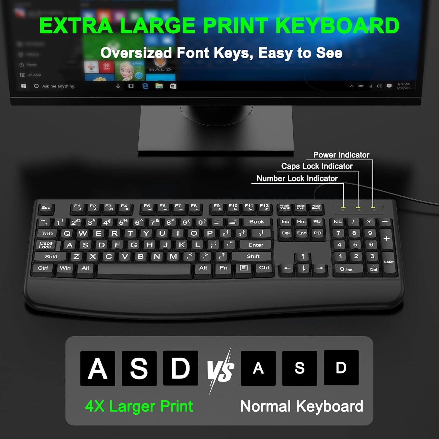 Large Print Ergonomic Keyboard, Full Size Keyboard with Wrist Rest, Silent Wired USB Computer Keyboard Oversized Letter Keys 4X Larger Easy to See & Type for Laptop, PC, Windows, Desktop