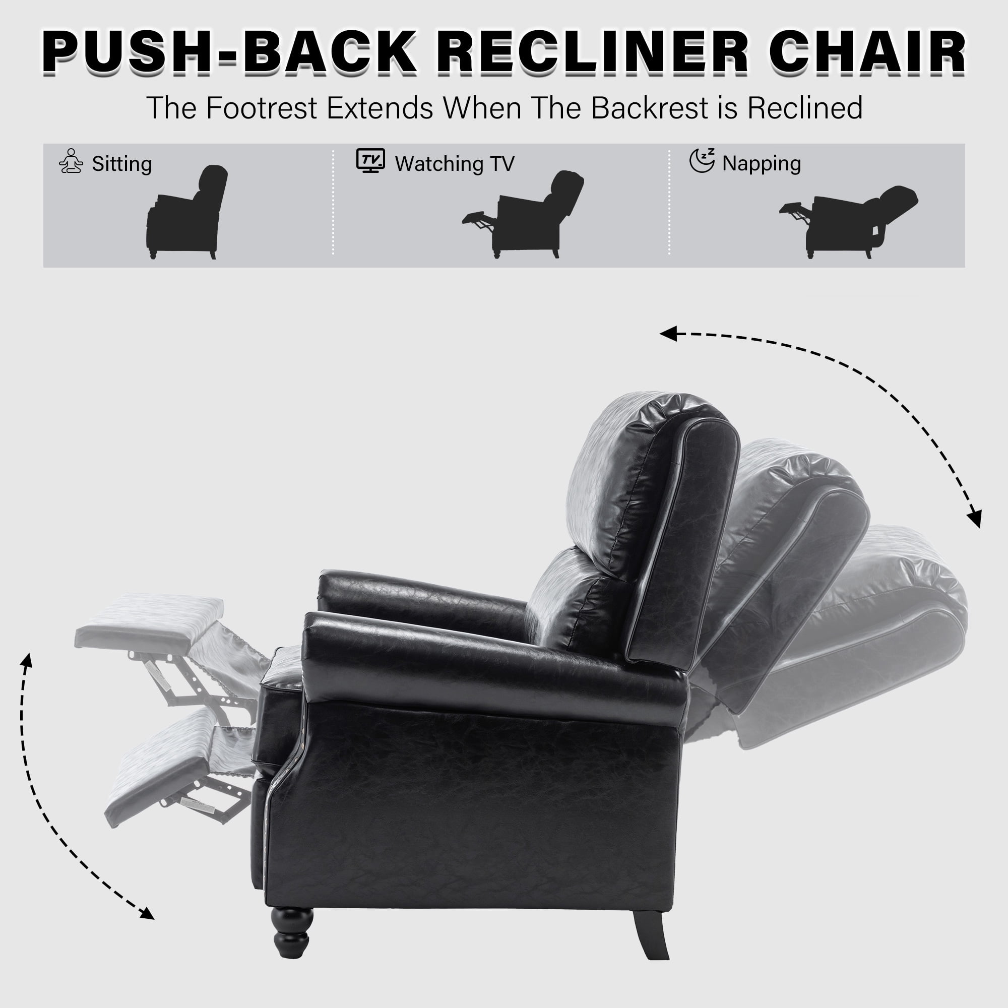 Push Back Recliner Armchair Faux Leather Wingback Recliner Chair for Living Room,Black