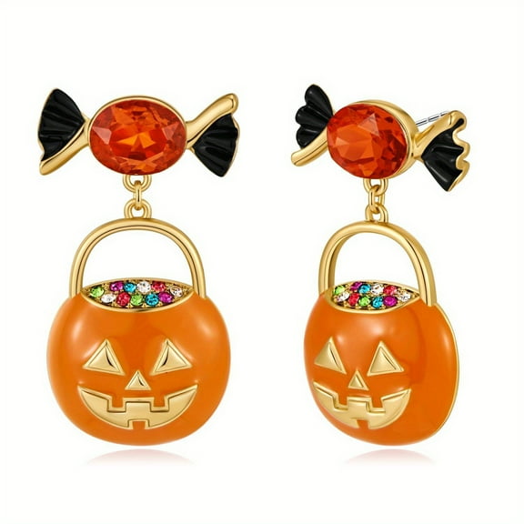 Top-kevin Halloween Pumpkin Earrings Colorful Halloween Pumpkin Candy Earrings | Women's Hoop Earrings with Spooky Studs Portable Packaging