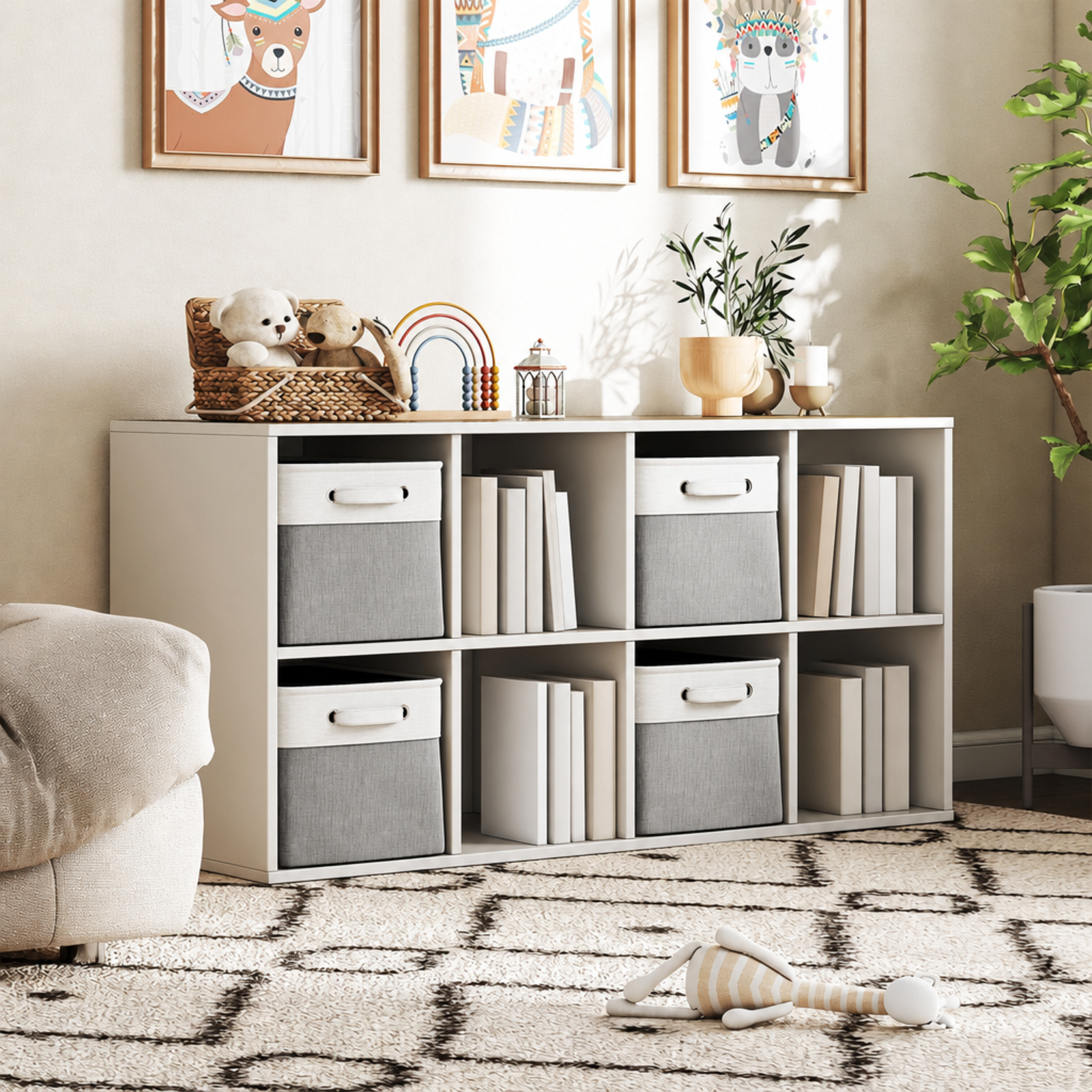 Fenbeli Fabric Storage Baskets Set of 4 Foldable Storage Bins with Handles for Shelf and Closet, Gray White