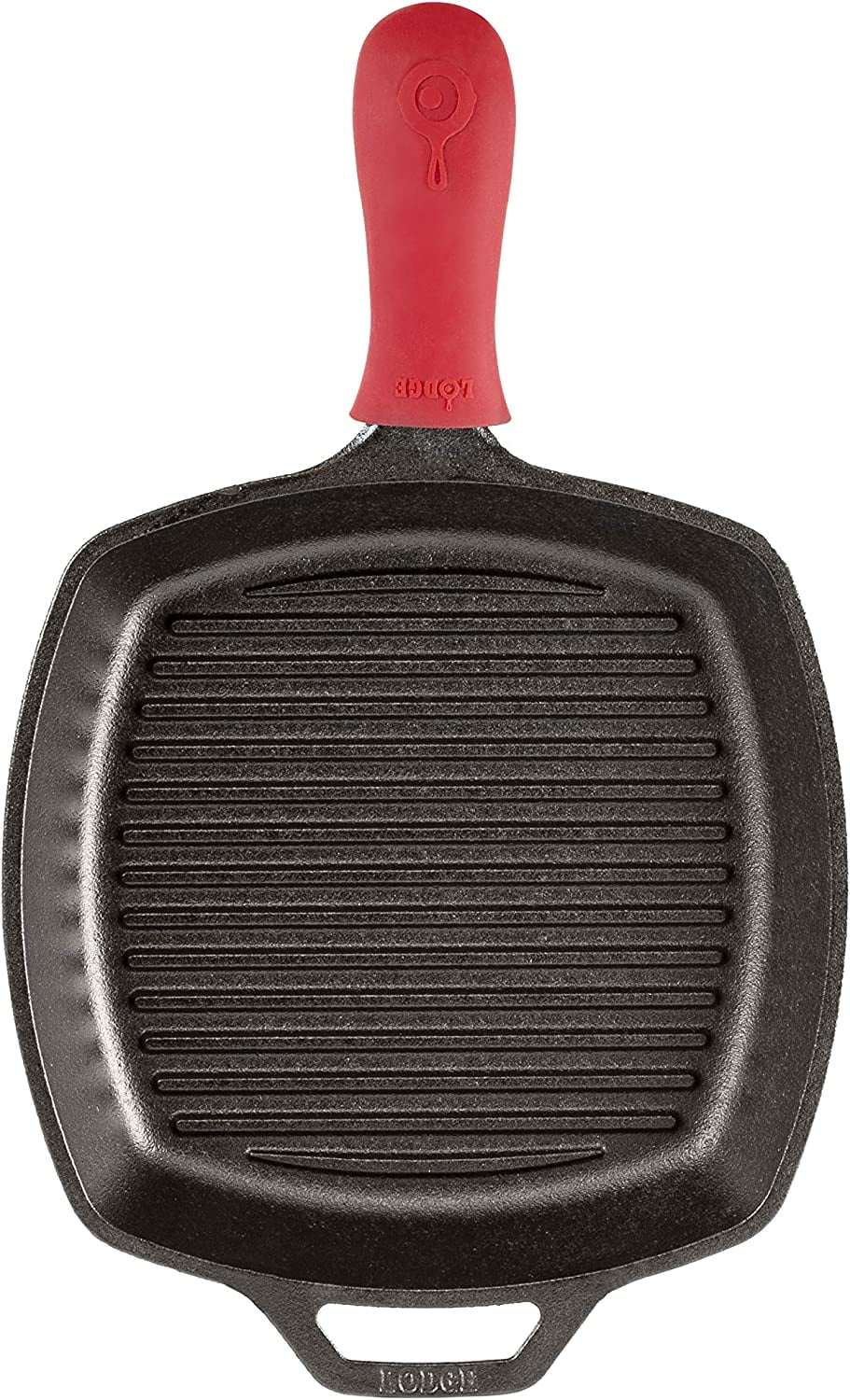 Cast Iron Square Grill Pan with Red Silicone Hot Handle Holder, Pre-Seasoned, 10.5-inch