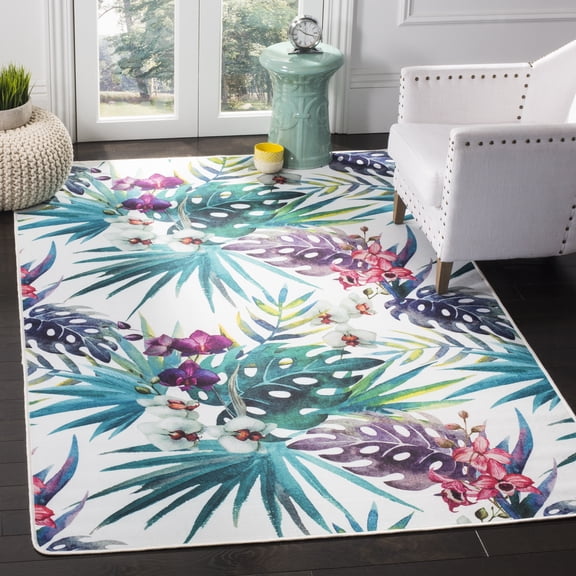 Safavieh Daytona Kaiden Floral Polyester Machine Washable Area Rug, Ivory/Green, 5'1" x 7'6"