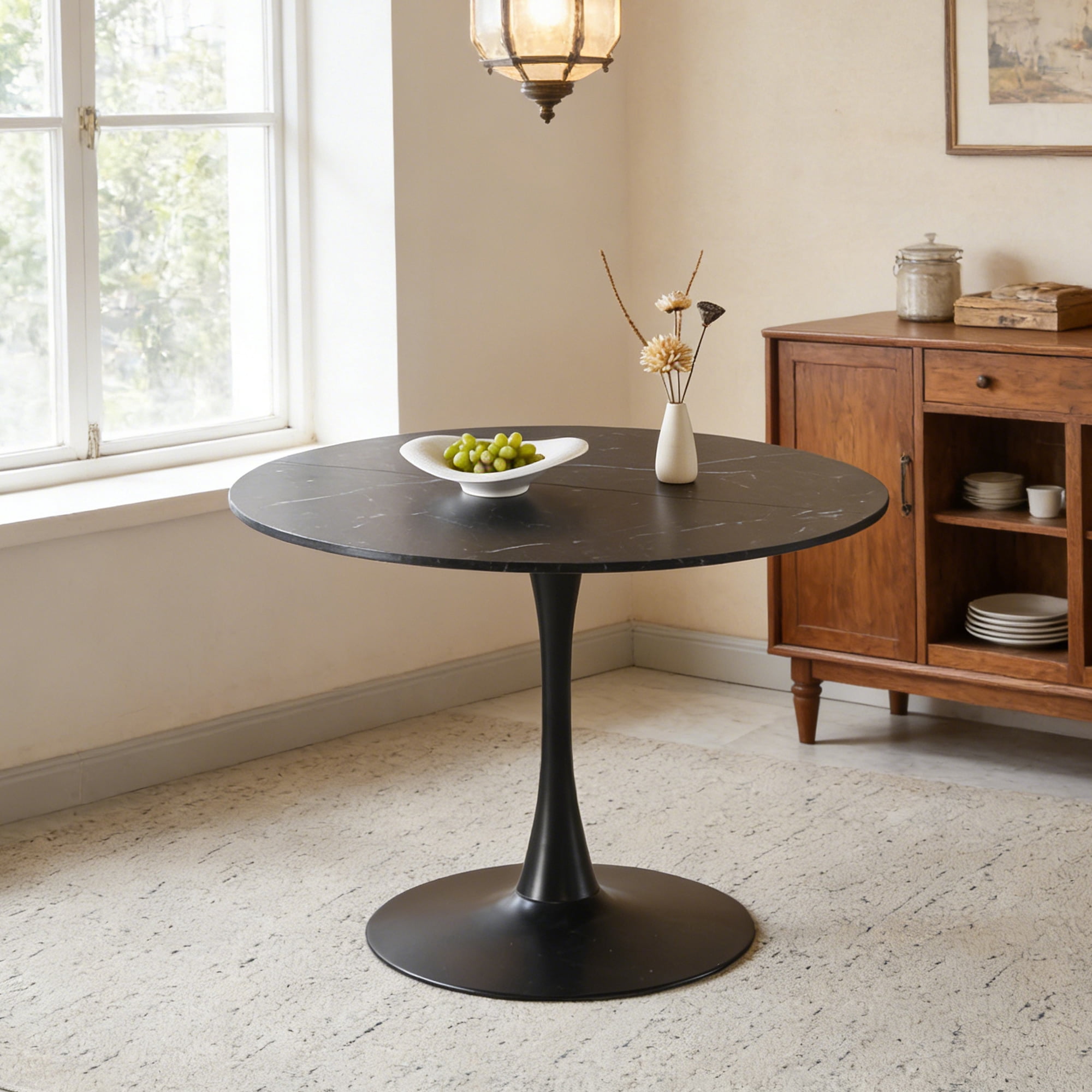 Mintazer 42.1" Large Round Dining Table Top Tulip Table for 4-6 People, Mid-Century MDF Kitchen Table for Dining Room, Black with Pattern