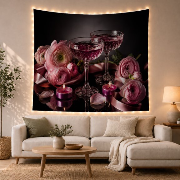 Champagne Flutes and Pink Ranunculus Against a Black Background Romantic Illustration for Home Decor Lovers Boho Art Print Anniversary Gift Tapestry Wall Hanging for Living Room and Bedroom