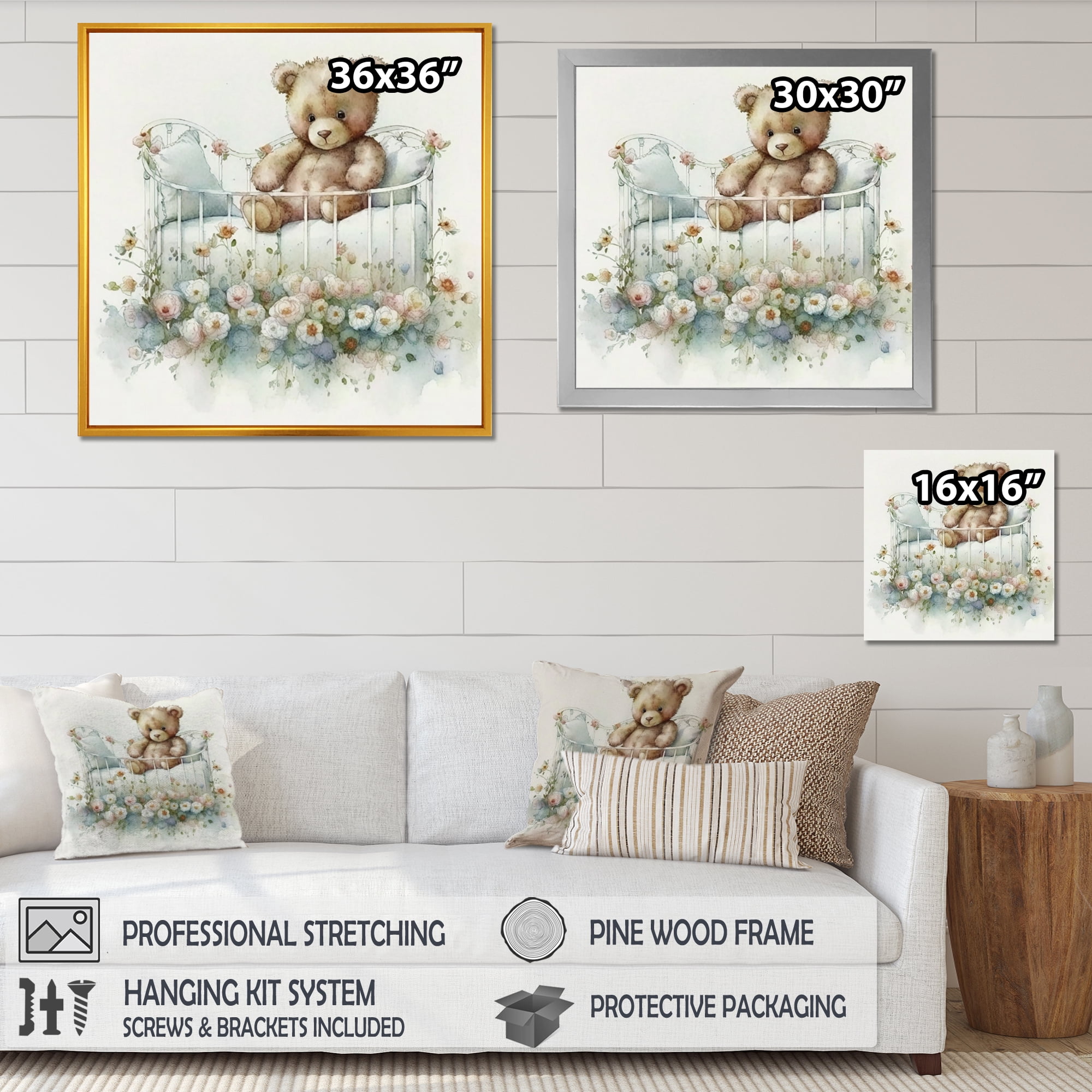 Designart Teddy Bear In Crib With Flowers III Canvas Wall Art