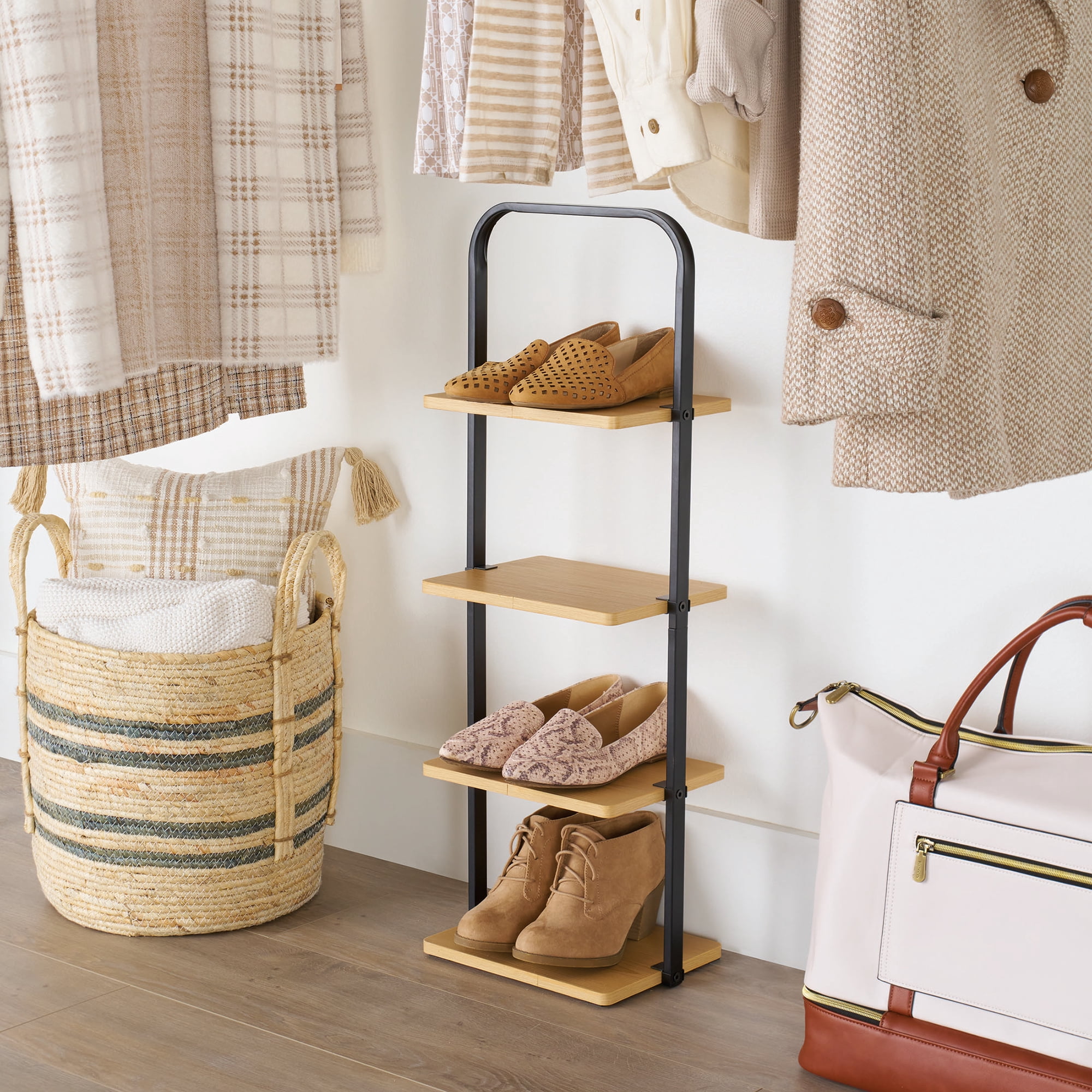 Better Homes & Gardens Juliet 4-Tier Wooden Shoe Ladder for Shoe Storage, Black and Light Honey Wood, Holds up to 4 Pairs