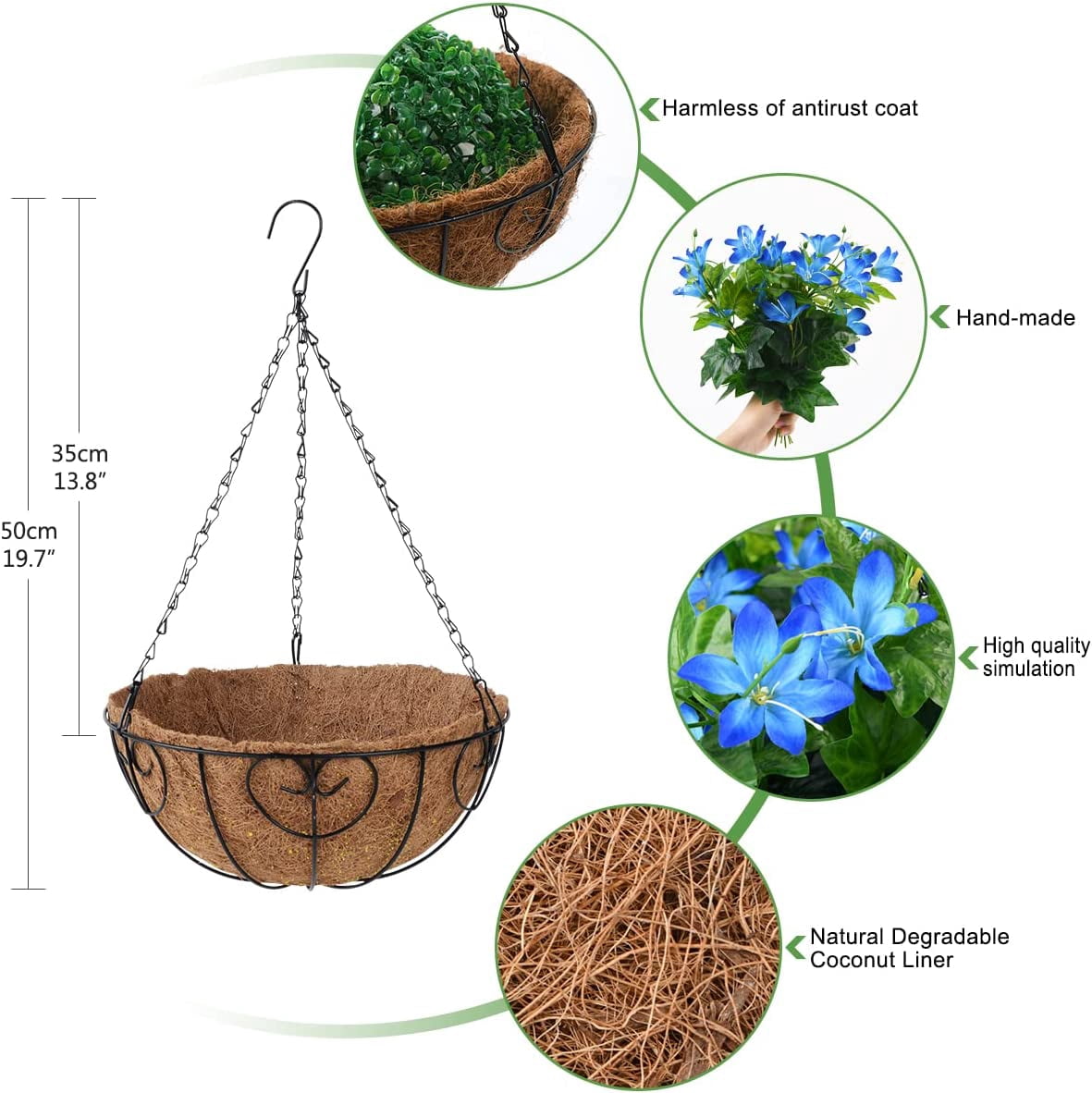 Artificial Flowers Hanging Basket for Outdoor Indoor, Fake Orchid Flowers in Coconut Lining Hanging Basket for Home Courtyard Decoration, 5 Branches Flowers in '' Basket(Blue)