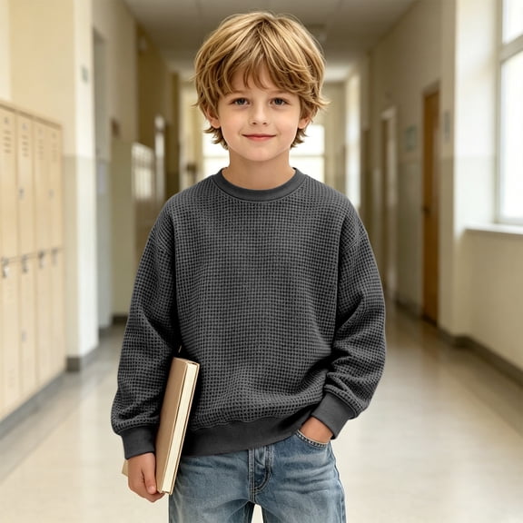 FSYBOA Boys Sweatshirts Size 5T, Fall Long Sleeve Casual Crew Neck Kids Pullover Tops Dark Gray