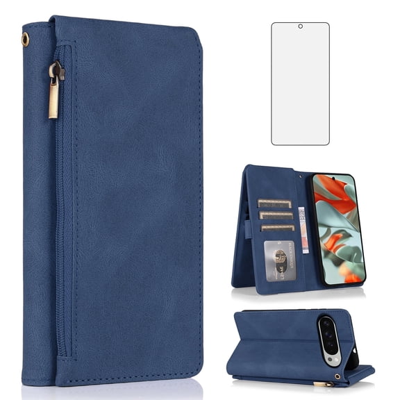 Asuwish Wallet Kickstand Hard Shell Cell Phone Case with Tempered Glass Screen Protector for Google Pixel 9 Pro XL, Blue