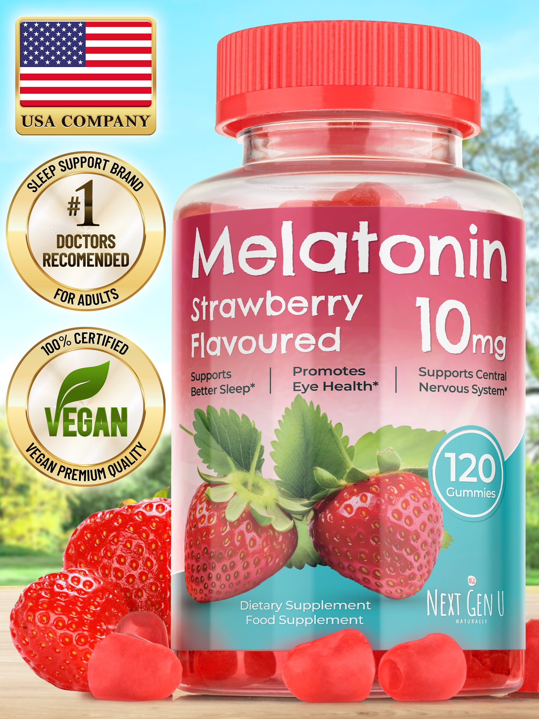 Next Gen U Melatonin Strawberry Flavored Dietary Supplement, 10mg, 120 Vegan Gummies for Restful Sleep