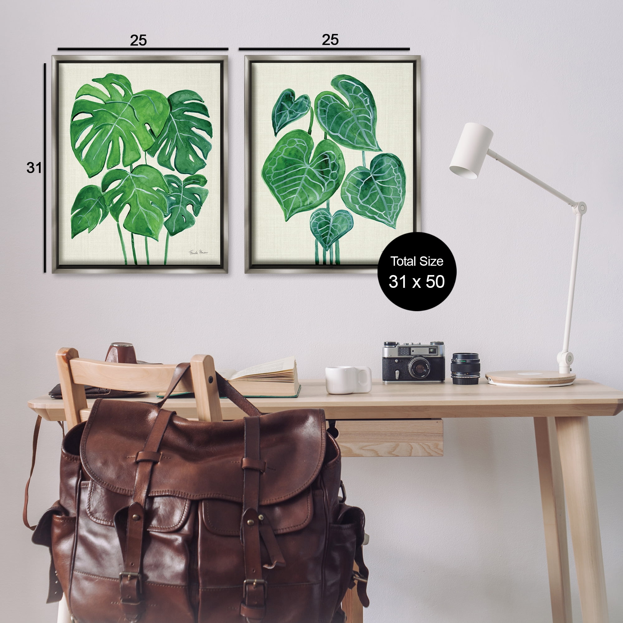 Stupell Industries Thriving Detailed Monstera Leaves Plants & Flowers Painting Gray Floater Framed Canvas Art Print Wall Art, 31 x 25, Set of 2