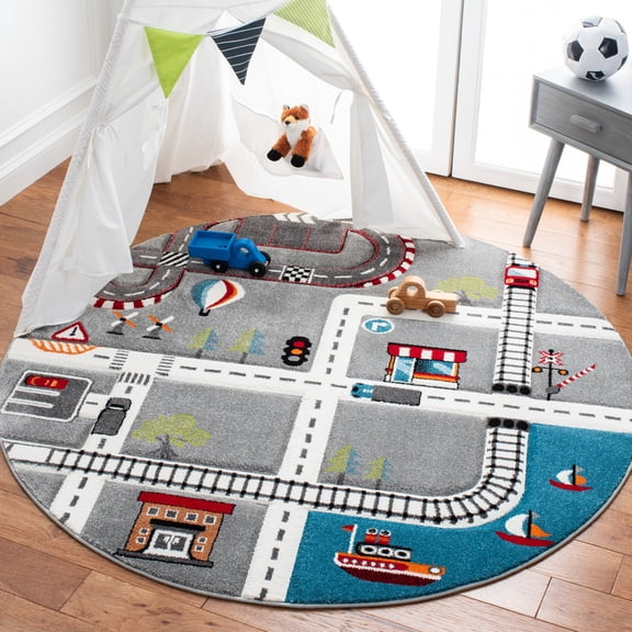 SAFAVIEH Carousel Kids Devan Train Track Area Rug, Gray/Ivory, 6'7" x 6'7" Round