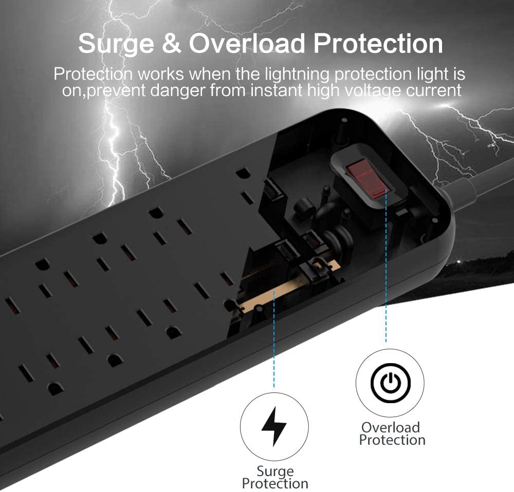HITRENDS Surge Protector Power Strip - 12 AC Outlet 6ft Extension Cord, 5 USB Ports for Home Office