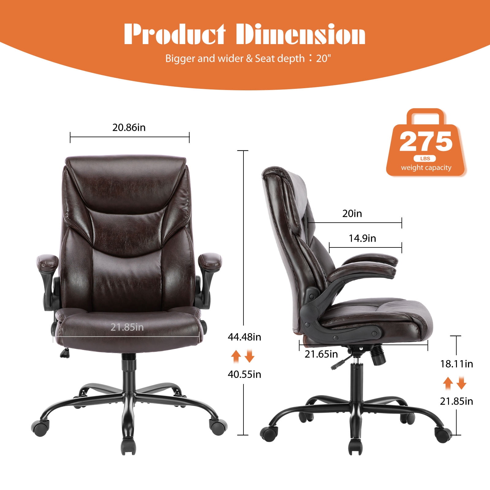 Yoyomax Office Chair, Ergonomic Executive Computer Desk Chairs with Adjustable Flip-up Armrest, Swivel Task Chair with Lumbar Support, Strong Metal Base, PU Leather