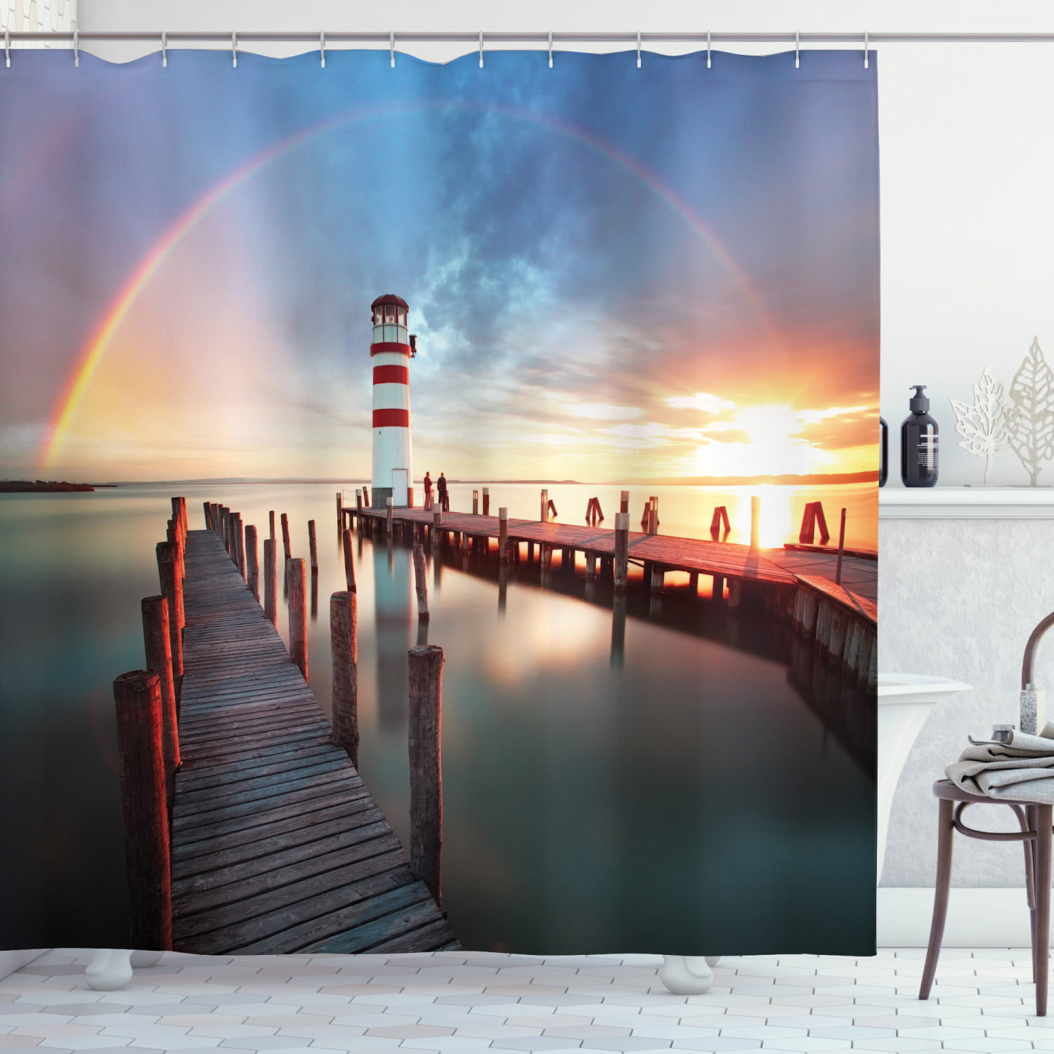Waterproof Fabric Bathroom Set Seaside Lighthouse Shower Curtain Liner Hooks 