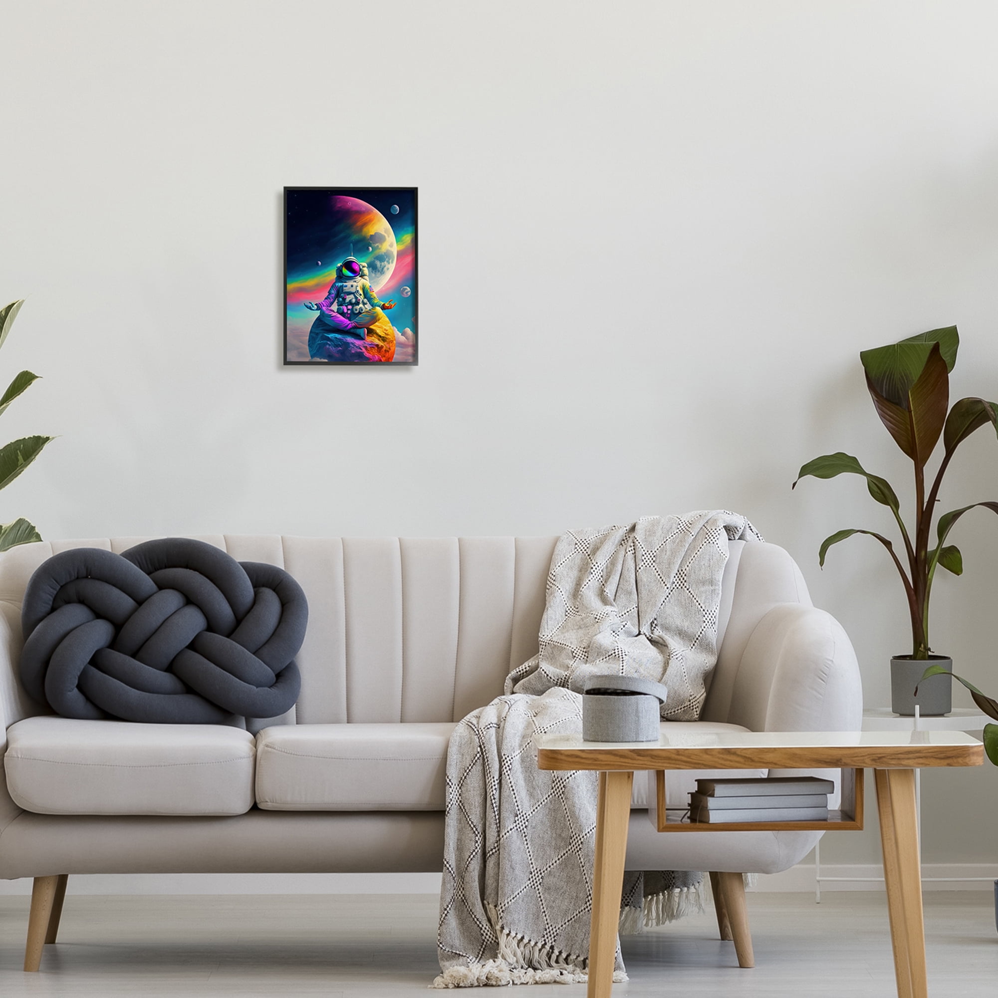 Stupell Industries Astronaut Meditating on Moon Novelty Painting Black Framed Art Print Wall Art, 11 x 14