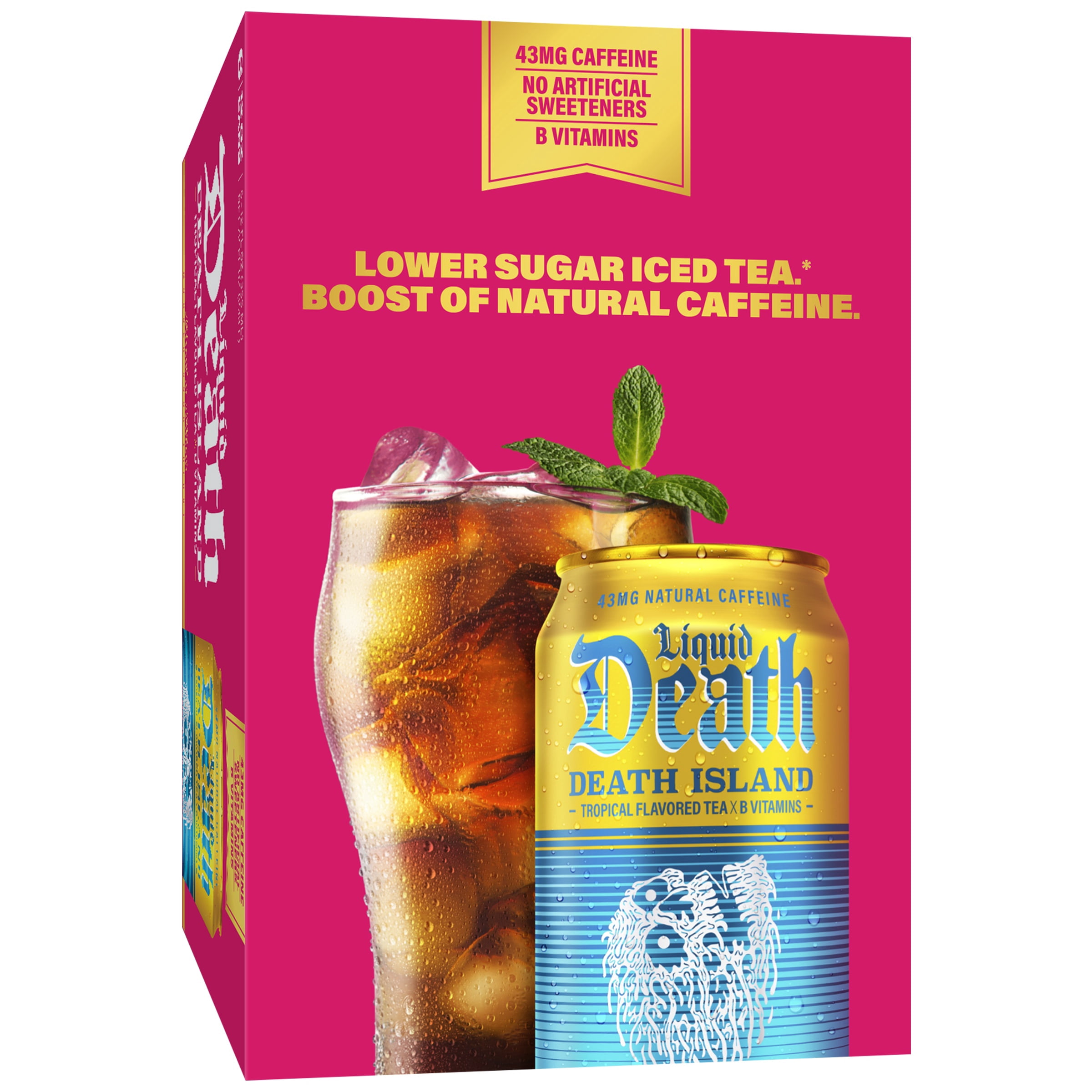 Liquid Death, Death Island Tropical Flavored Iced Tea, 6-Pack (12 fl oz Cans), Less Sugar*, Boost of Caffeine, B Vitamins, No Artificial Sweeteners
