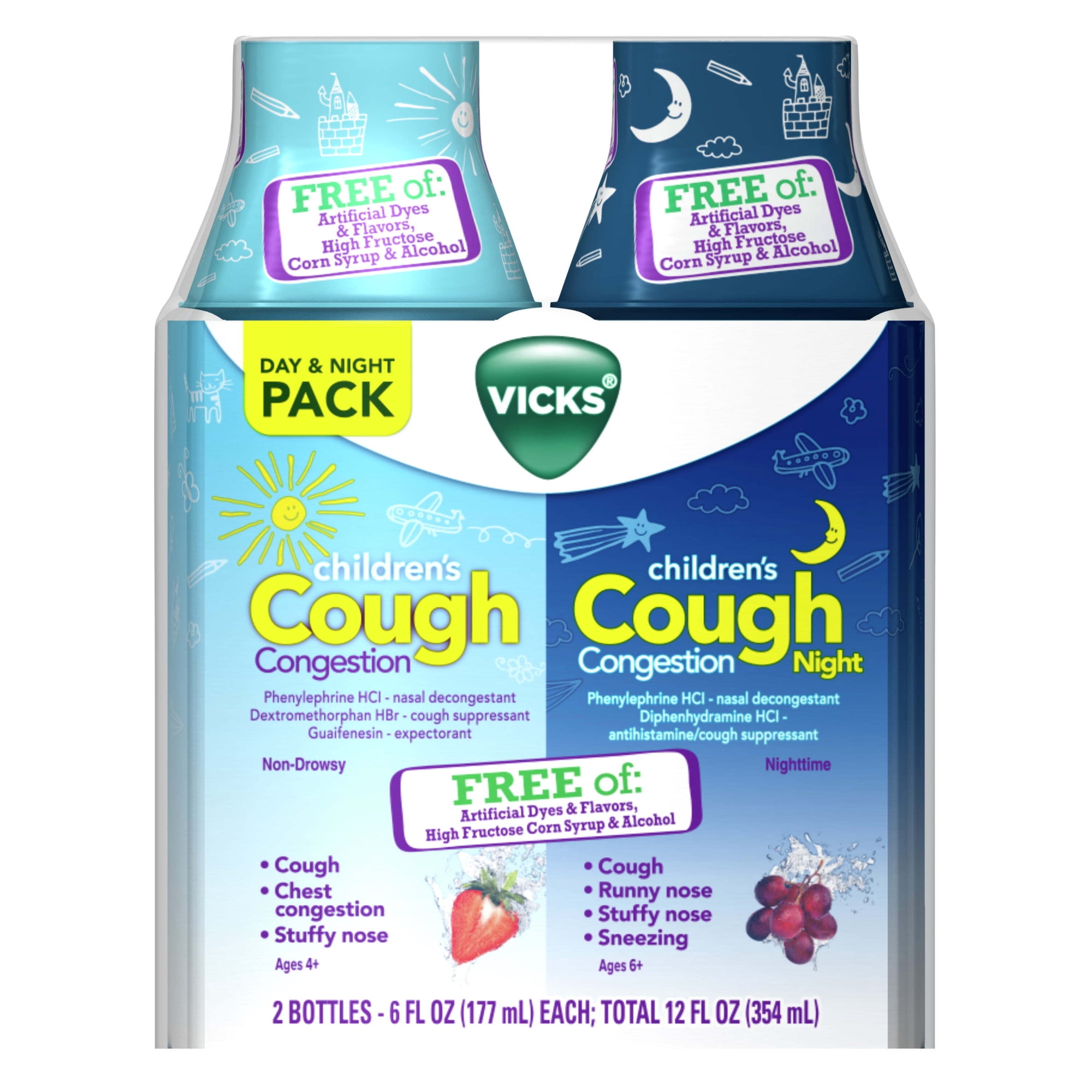 Vicks Childrens Day and Night Cough Relief Medicine Syrup, 6 oz, 2 pk