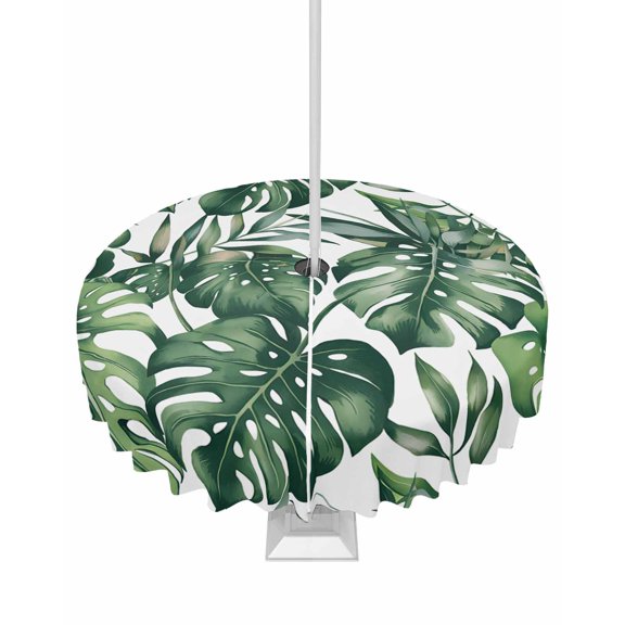 Hokiten Outdoor Tablecloths with Umbrella Hole & Zipper, Green Palm Leaves Round Tablecloths 60 Inch, Summer Tropical Leaf Waterproof Table Cloth, Patio/Pool/Picnic Table Covers