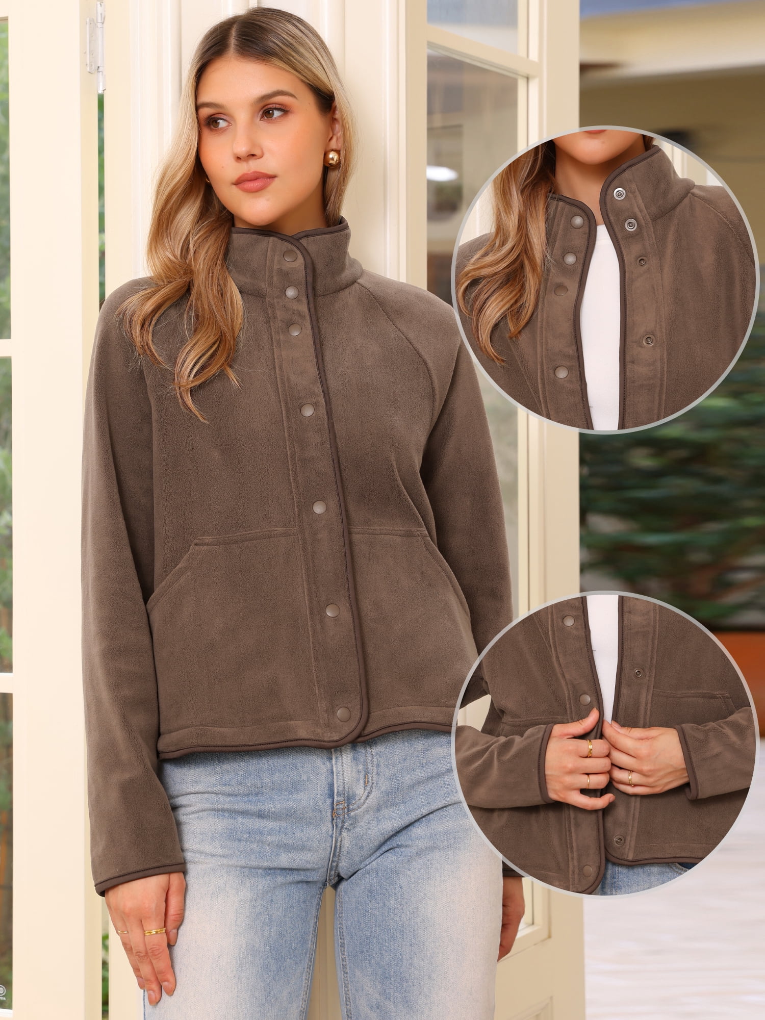 DARING DIVA Women's Fleece Jacket Long Sleeve Button Down Coat With Pockets M Coffee