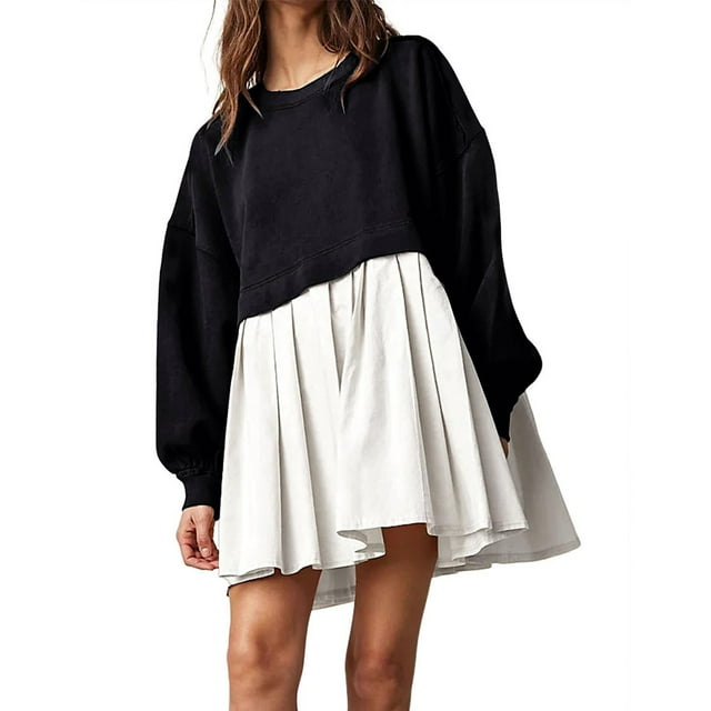 Robe Chandail Surdimensionnée pour Femmes Longue et Fluide à Empiècements, Chandail à Enfiler Mignon à Épaules Tombantes, Chandails d'Automne à Manches Longues, Mini-Robe, Adolescentes, Col Ras du Cou, Tunique Unie Plissée, Vêtements Amples Beig