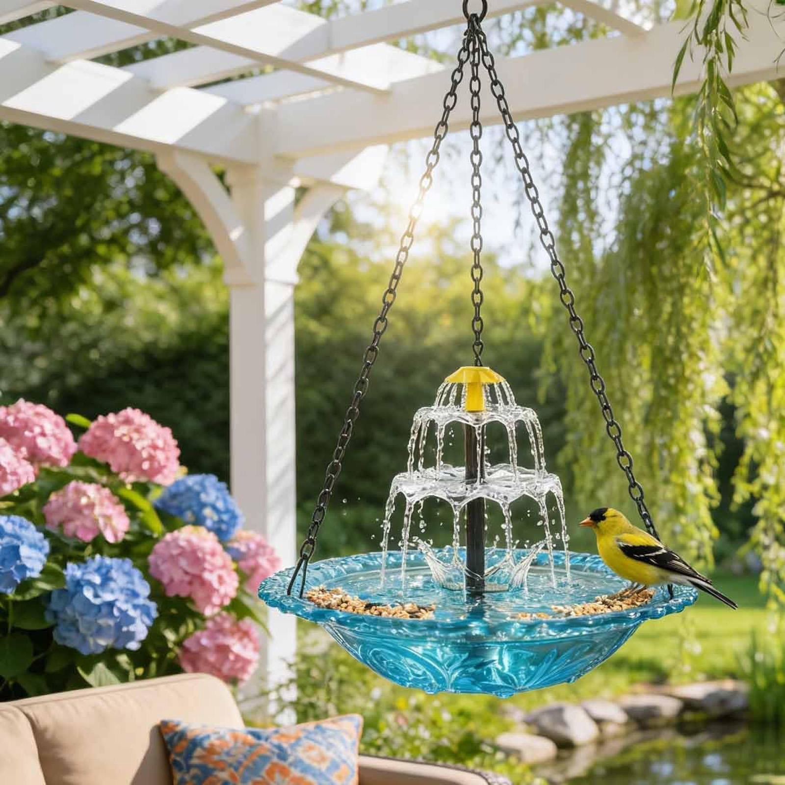 Bird Bath Solar Fountain, Hanging 10inWide Blue Basin, Solar Powered Fountain Pump Kit, Outdoor Backyard Bird Watering Station