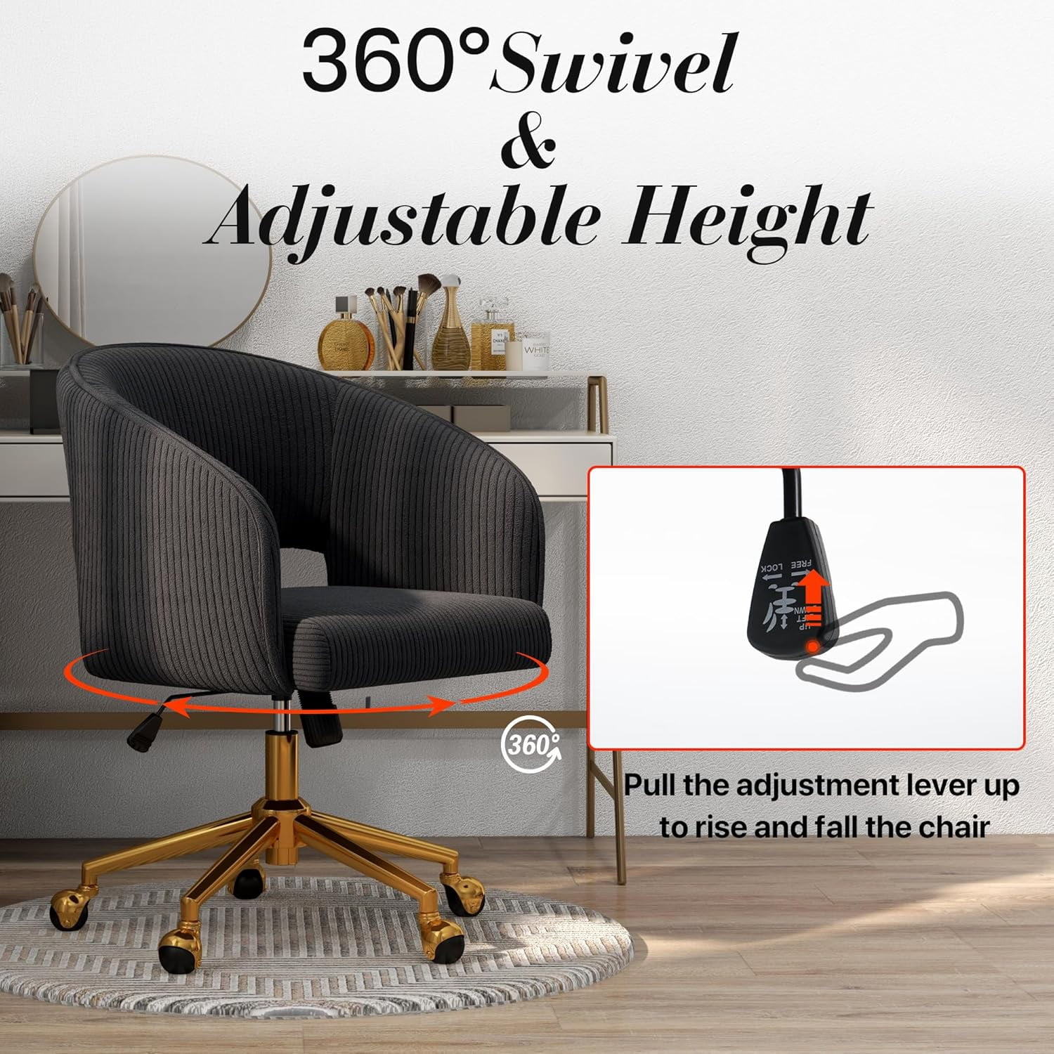 Home Office Swivel Desk Chair, Modern Corduroy Desk Chair, Height Adjustable Armchair with Gold Base, Ergonomic Office Chair for Living Room Vanity Study Computer Room, Black
