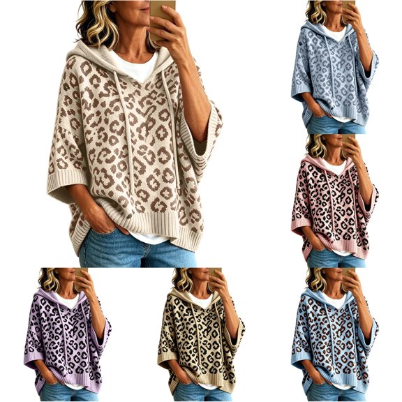 XAOFW Cozy Leopard Knit Hoodies For Women Long Sleeve Hooded Sweatshirt Relaxed Fit Knitwear Pullover Hoodies Stylish Tops L