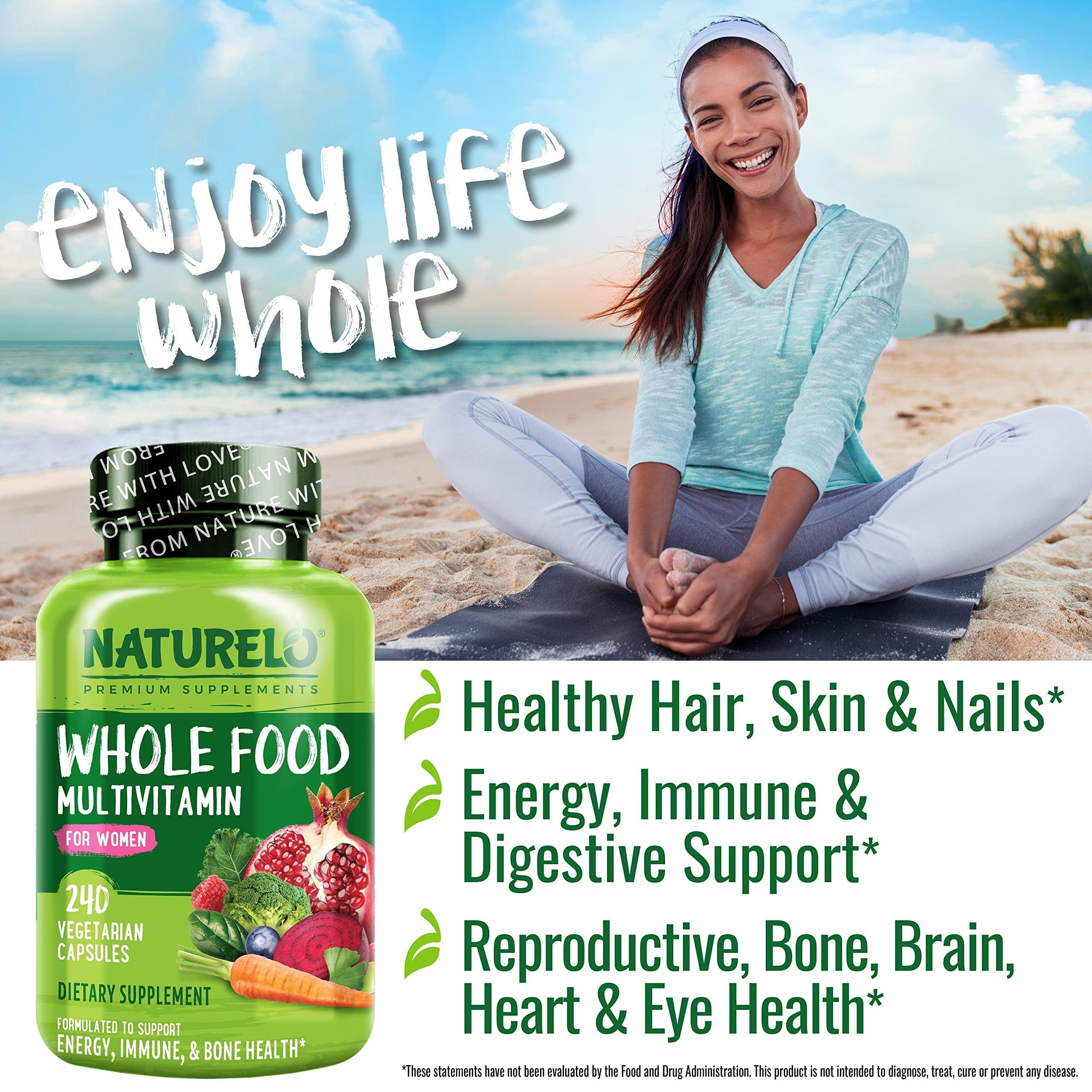 NATURELO Whole Food Multivitamin for Women - with Vitamins, Minerals, & Organic Extracts - Supplement for Energy and Heart Health - Non GMO - 240 Vegan Capsules