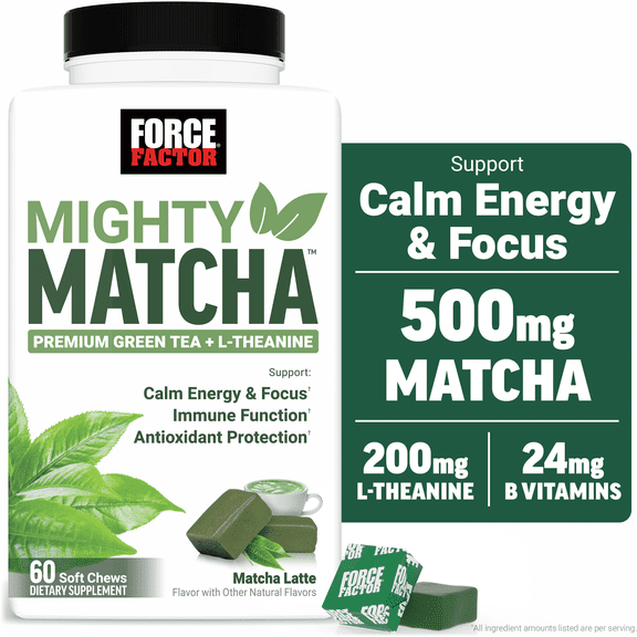 Force Factor Mighty Matcha, Premium Organic Matcha Green Tea with L-Theanine & B Vitamins to Support Calm Energy, Focus & Antioxidant Defenses, Matcha Latte, 60 Soft Chews