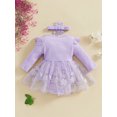 thumbnail image 4 of aturustex Infant Baby Girls One piece Romper Dress 1M 3M 6M 9M 12M Newborn Long Sleeve Crew Neck Jumpsuits Mesh Lace Patchwork Bodysuits and Cute Headr Little Girl Loose Casual Daily Clothes, 4 of 7