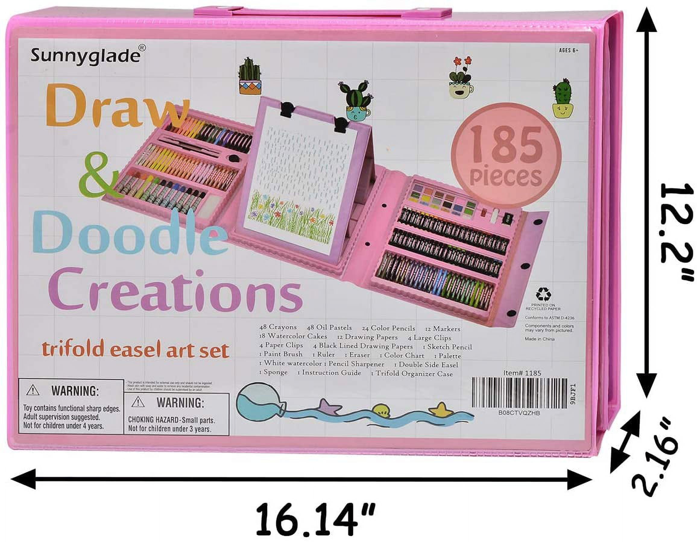 Sunnyglade 185 Pieces Double Sided Trifold Easel Art Set, Drawing Art Box with Oil Pastels, Crayons, Colored Pencils, Markers, Paint Brush, Watercolor