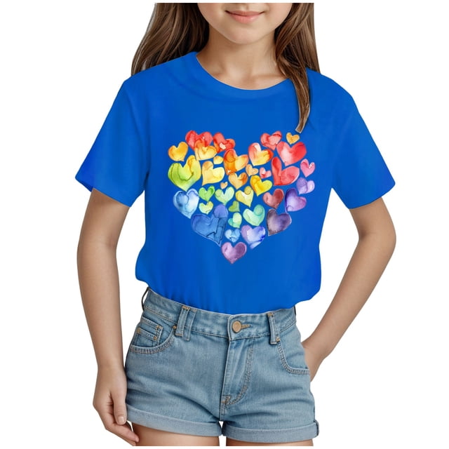 Nwiuh T-Shirts Graphiques Mignons avec Cœur pour Femmes, Manches Courtes, Col Ras du Cou, Coupe Régulière, Blouse, Adolescentes, Été, Décontracté, Basique, Tee Hauts (Bleu Foncé, 1-2 Ans)