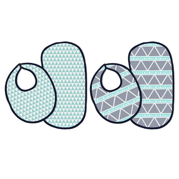Bacati - Muslin 4 pack Bibs/Burp Cloths Aztec Liam Triangles Aqua Navy