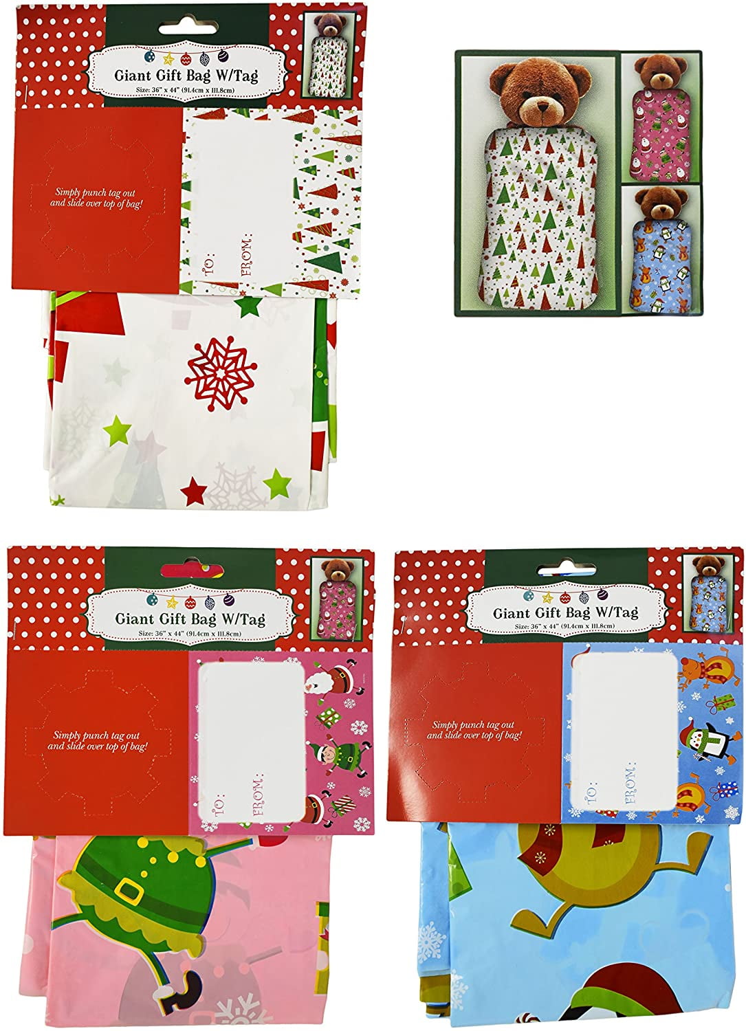 3 Pack Jumbo Gifts Bags 36" X 44” Assorted Christmas Prints Heavy Duty Bags 