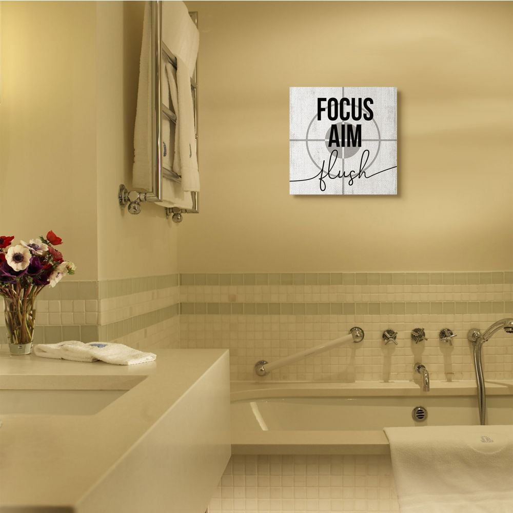 Focus Aim and Flush Target Practice Bathroom Sign Typography Gallery-Wrapped Canvas Print Wall Art, 17x17
