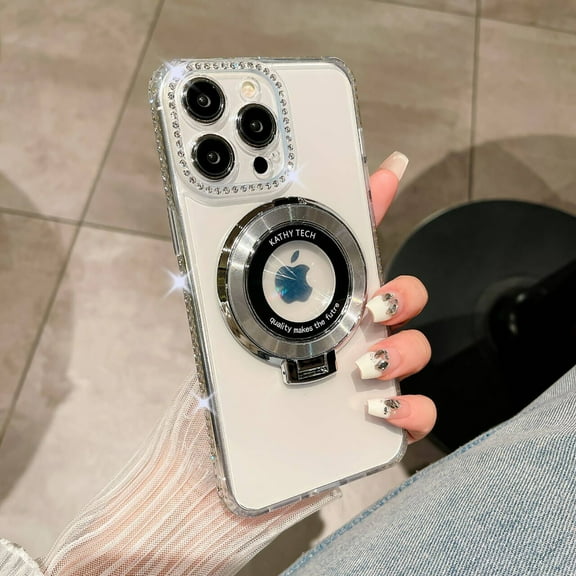for iPhone 15 Magnetic Glitter Case with Ring Holder Stand, Luxury Bling Rhinestone Clear Phone Case, Compatible with MagSafe and Camera Lens Protection Cover for Women Girls, Clear