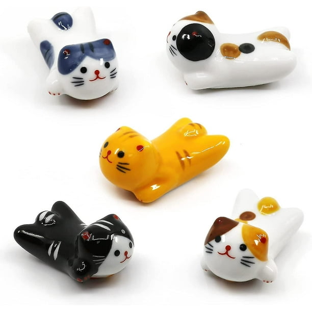 Juego de 5 reposapiés para palillos de gato, soporte para palillos de cerámica con forma de gato de la suerte, de porcelana, para cena, tenedor, cuchara, cuchillo, vajilla, regalo para el ho