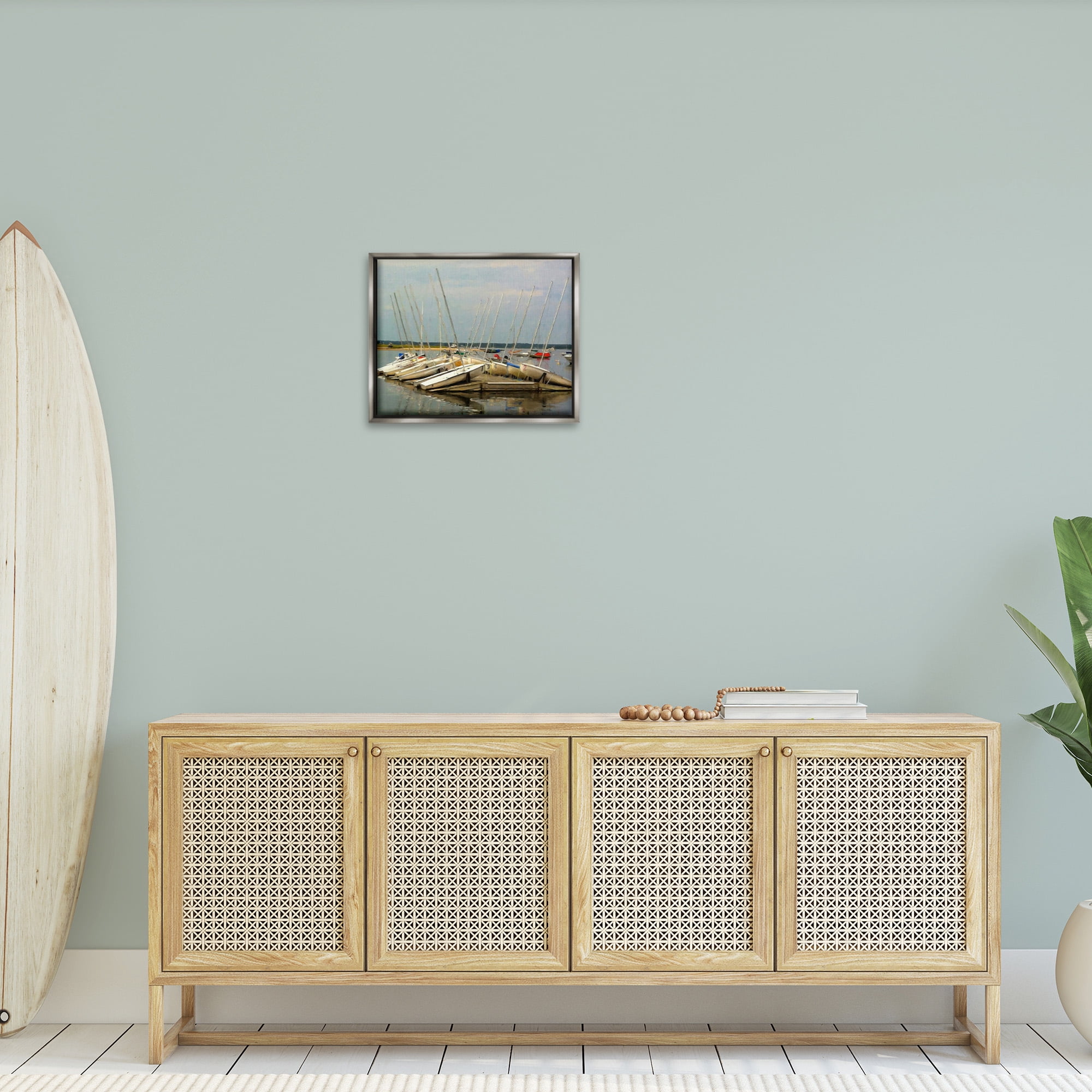 Stupell Industries Maritime Docked Boats Transportation Painting Gray Floater Framed Canvas Art Print Wall Art, 21 x 17