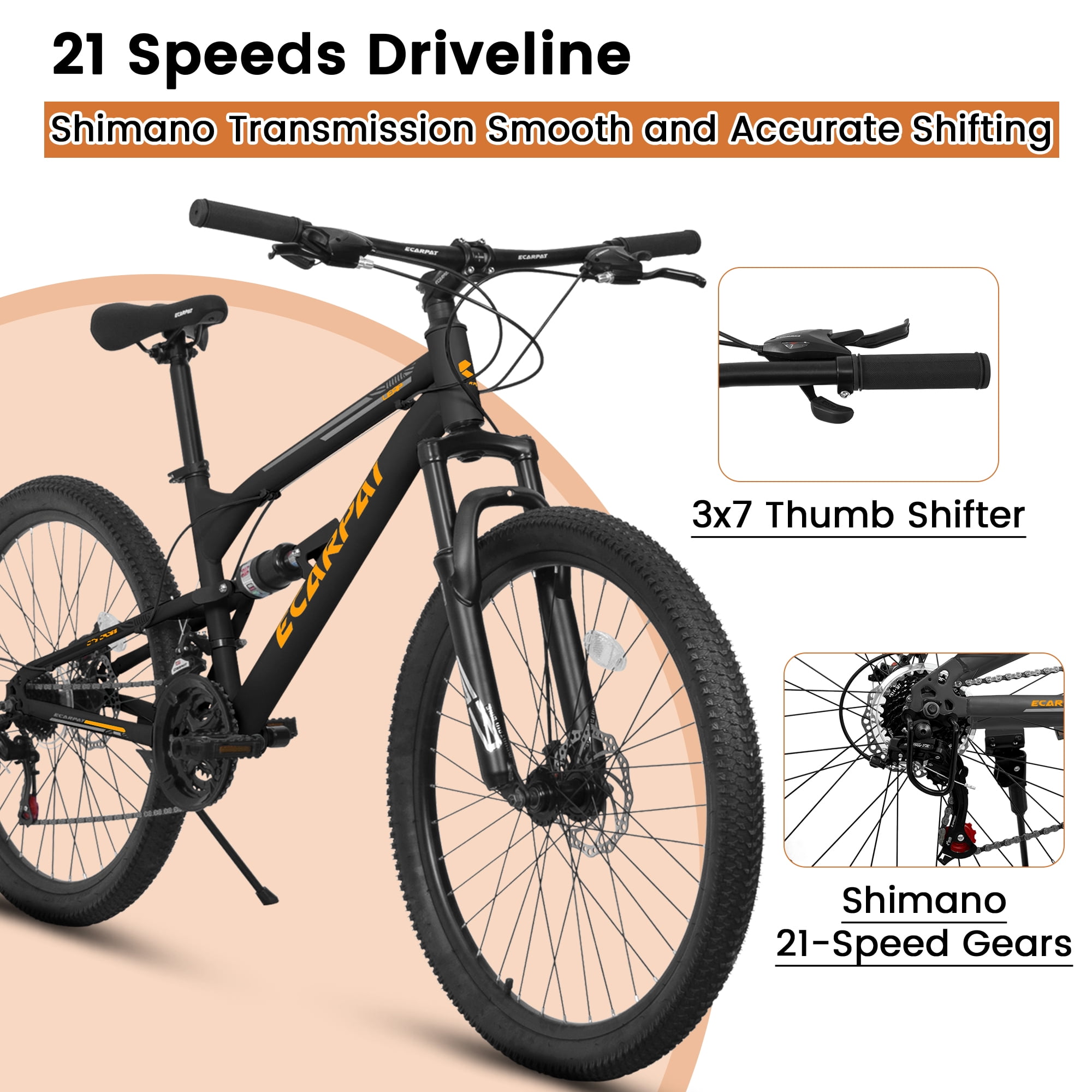24 Inch Mountain Bike Full Suspension, 21 Speed Mountain Bicycle with Double Disc Brakes, Carbon Steel Frame Commuter City Bike for Adult Men Women, Black-Orange