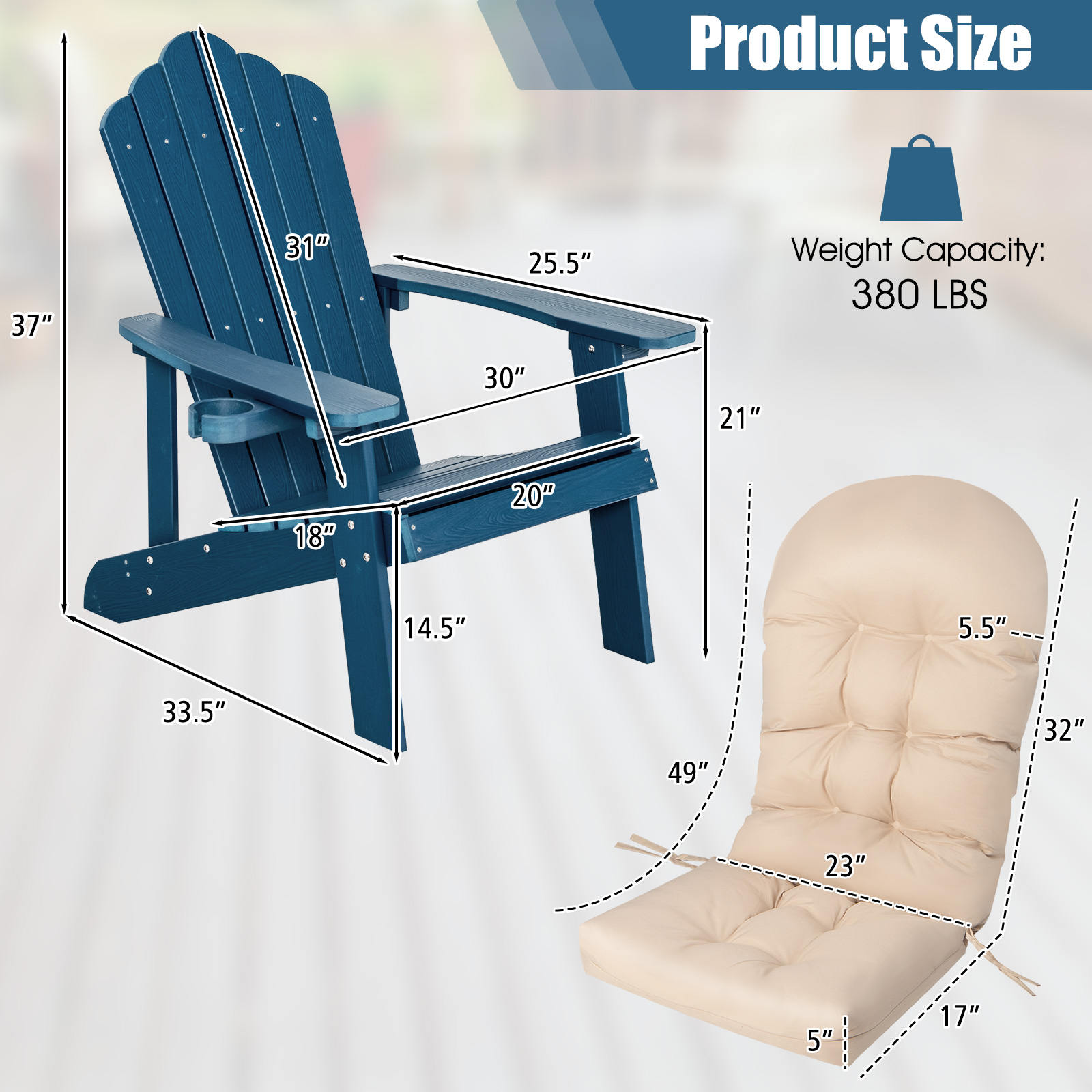Infans Adirondack Chair HIPS Adirondack Chair w/Cup Holder & Cushion Navy
