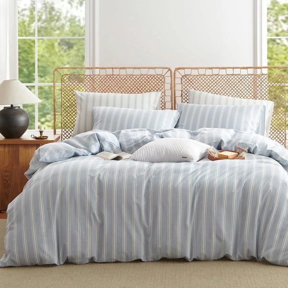 3 Pieces Blue Striped Duvet Cover Set 100% Washed Cotton Linen Like Super Soft Chic Bedding Set Blue-White Queen Size
