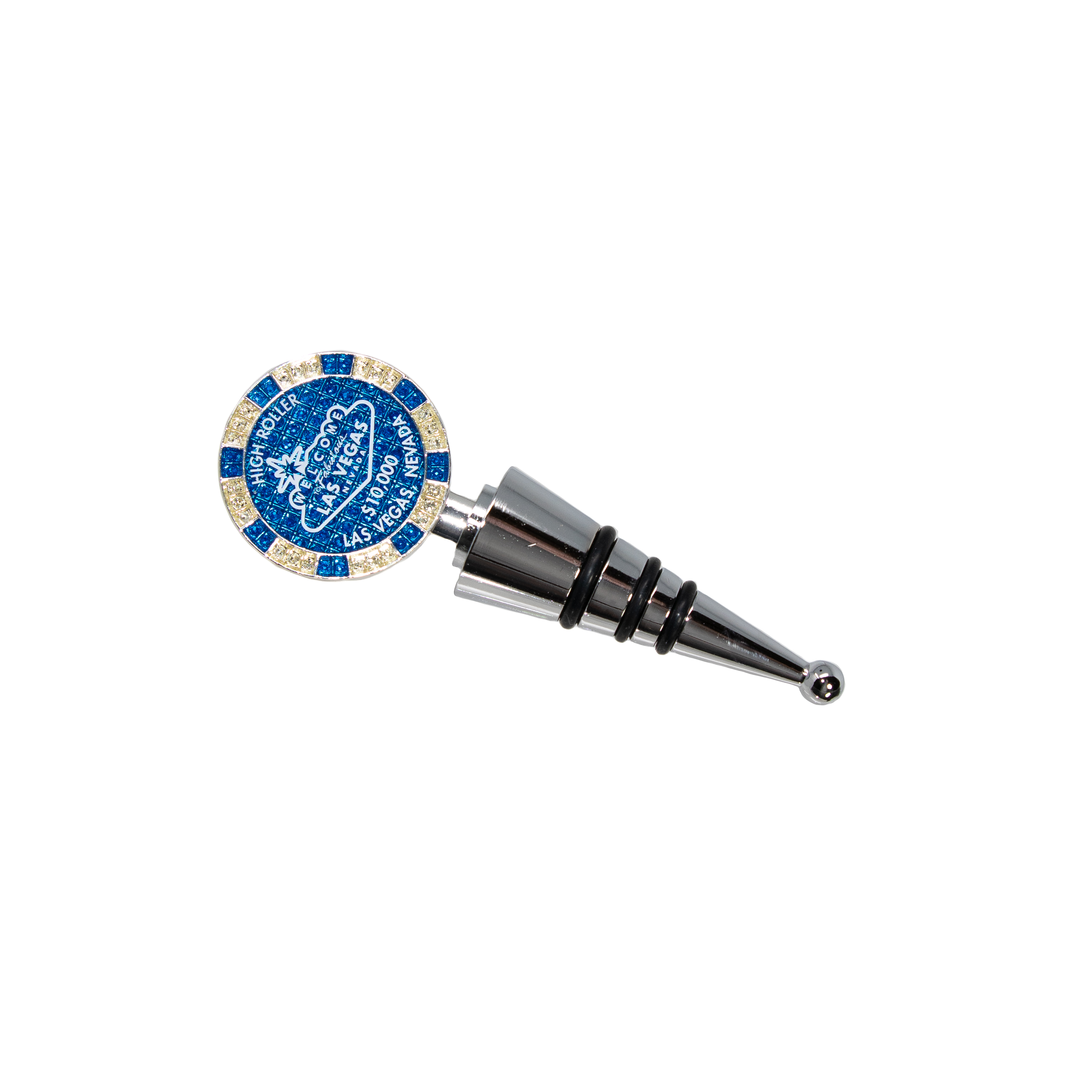 $10,000 Las Vegas Poker Chip Wine Stopper - Welcome to Las Vegas Sign Poker Chip Wine Stopper with Rubber Seal (Silver and Blue) - image 2 of 5