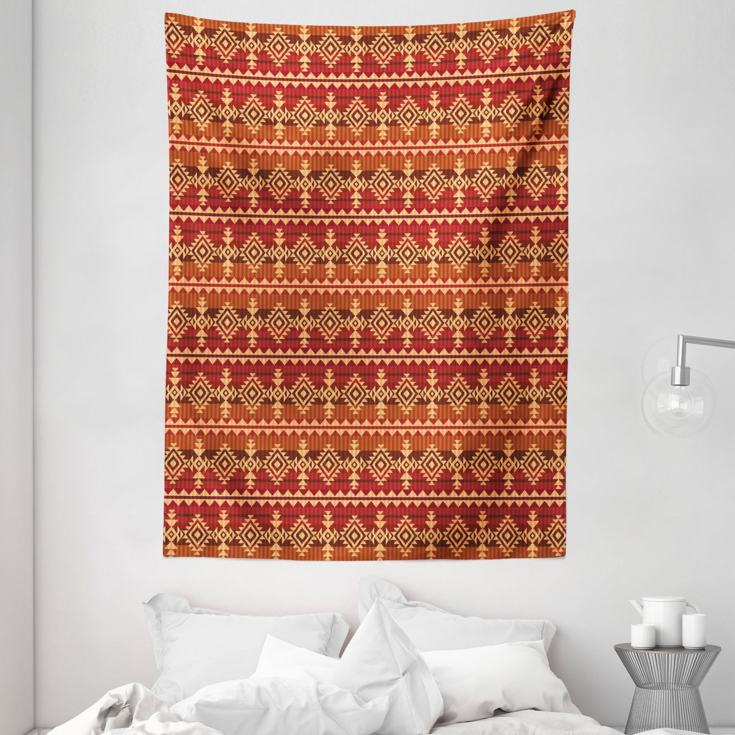 Mexican Tapestry, Ancient Aztec Culture Theme Classical Triangles Pattern Primitive Ornaments 