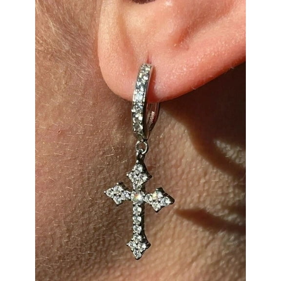 1Ct Round Lab-Created Diamond Dangle Hoop Cross Earrings 14K White Gold Plated