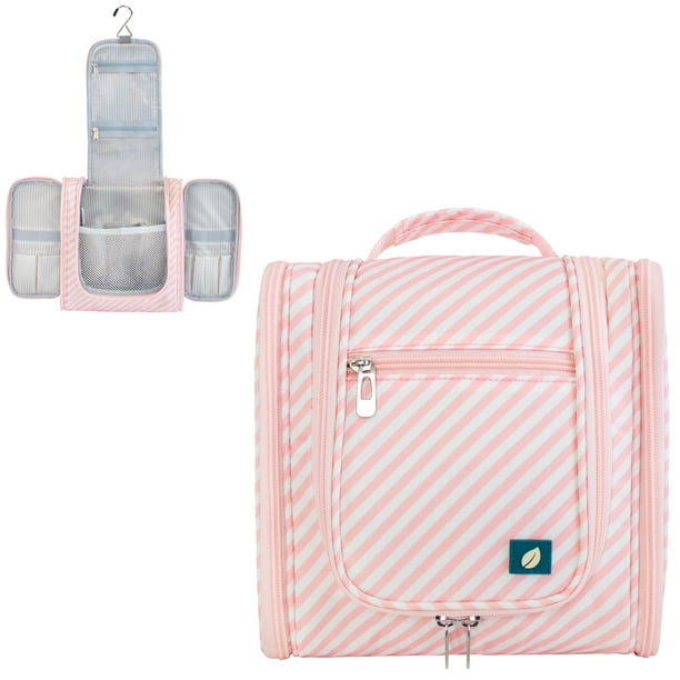 PAVILIA Hanging Travel Toiletry Bag Women | Hygiene Bag, Bathroom Toiletry Organizer Kit for Cosmetics, Makeup, Toiletries Accessories (Pink Stripe)